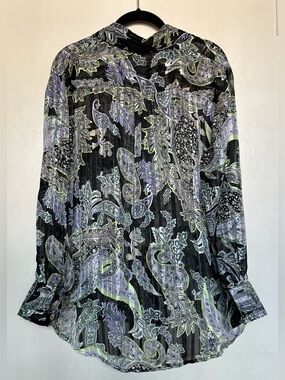 Elan Black Paisley Blouse with Lavender, Peach and Green Accents